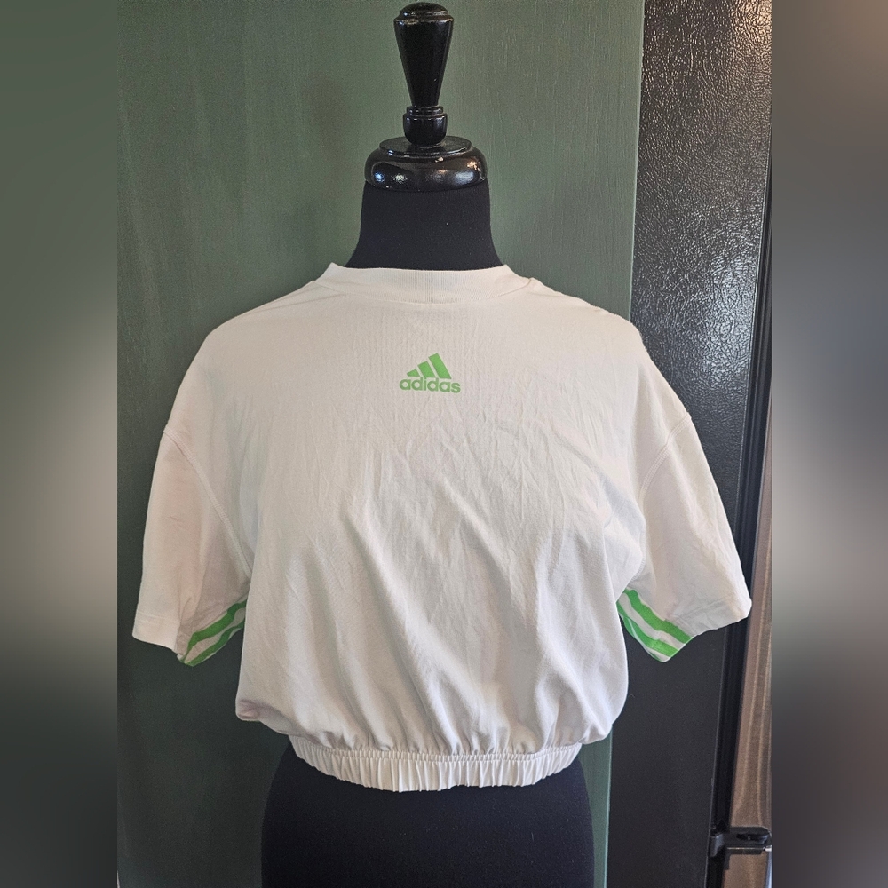 Adidas White and Green Cropped T-Shirt